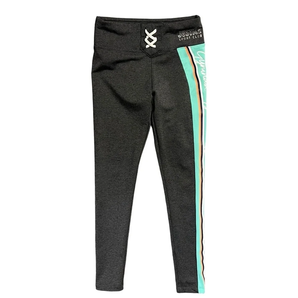 Justice Sport Club Leggings Girls Size 12 Grey Gymnast Stripe‎ Athleisure Active